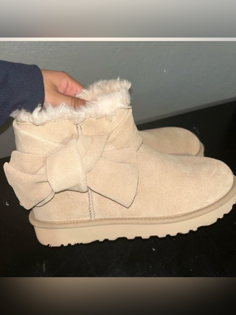 UGG Sand Suede Bow Short Boot with Shearling Collar